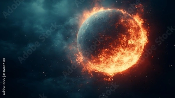 Fototapeta A celestial body engulfed in vibrant flames against a dark background