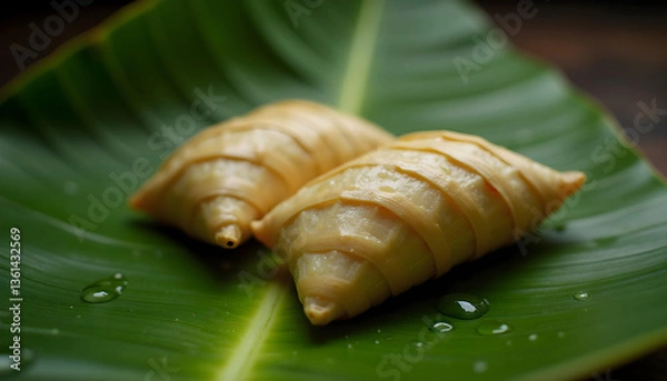Obraz Fresh croissant on a green plate with a simple background