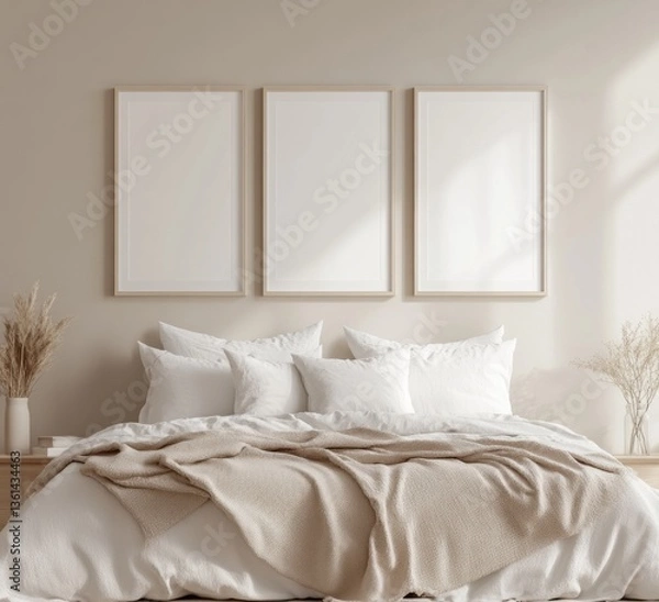 Fototapeta Minimalist bedroom with three blank frames above bed.