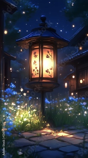 Fototapeta Illuminated Lantern in a Dreamy Garden at Night with Glowing Flowers