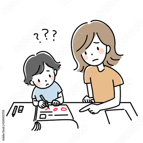 Fototapeta 家庭学習で問題に悩む親子のイラスト