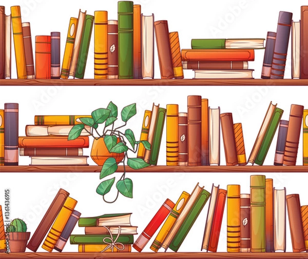 Fototapeta Vector seamless pattern of bookshelves isolated on white. Colorful  illustration of standing books, stack of books with rope. Book lover, bookstore, library concept.
