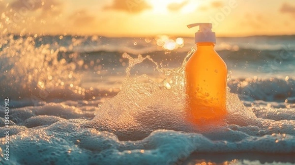 Obraz Summer beach bag spilling sunscreen and vitamin e oil with waves crashing at golden hour