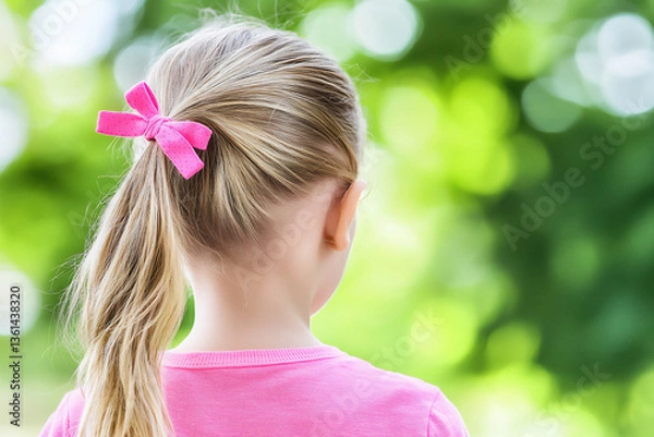 Obraz a child with blonde hair tied in two ponytails, wearing pink hair ties and a pink shirt. the background features a green, outdoor setting with a bokeh effect,
