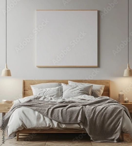 Obraz Minimalist bedroom with wooden bed, blank canvas, and soft bedding.