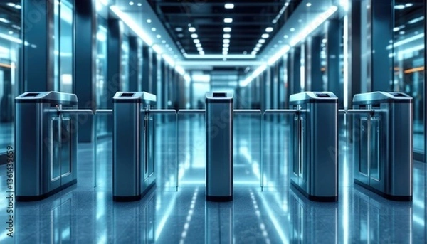 Fototapeta A group of sleek turnstiles stands in a high-tech building's entrance, illuminated by bright lights reflecting on polished floors