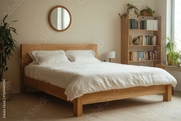 Fototapeta Minimalist bedroom with wooden bed, linen bedding, and bookshelf.