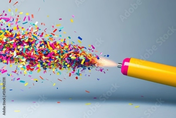 Fototapeta Colorful confetti bursts from a party popper against a soft blue background, creating a festive atmosphere