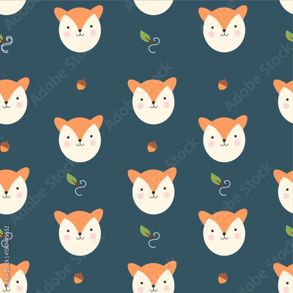 Fototapeta Seamless pattern of  Squirrel face with bean and leaf shapes. for poster, fabric pattern, wrapping paper, kids t-shirt, on dark grey background. Flat art design