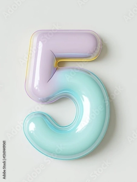 Fototapeta Colorful, glossy number five in pastel shades, set against a neutral background, ideal for design