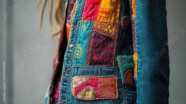 Obraz Vibrant Patchwork Denim Jacket: A Boho Chic Fashion Statement