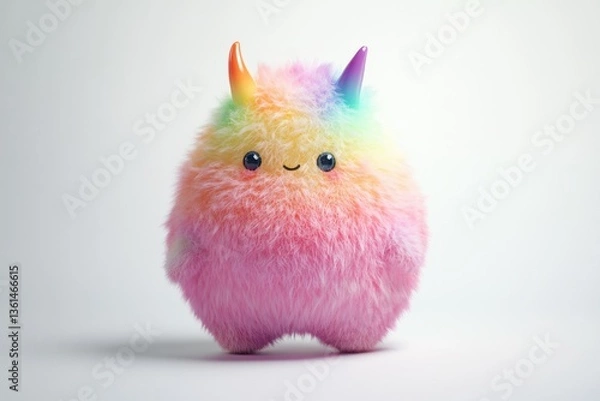 Obraz Adorable rainbow fluffy monster with small horns, cute and friendly expression.