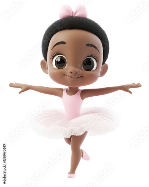 Fototapeta Adorable cartoon character in a pink ballet outfit showcasing a joyful dance pose with a bright smile and playful expression, perfect for children's art and education materials