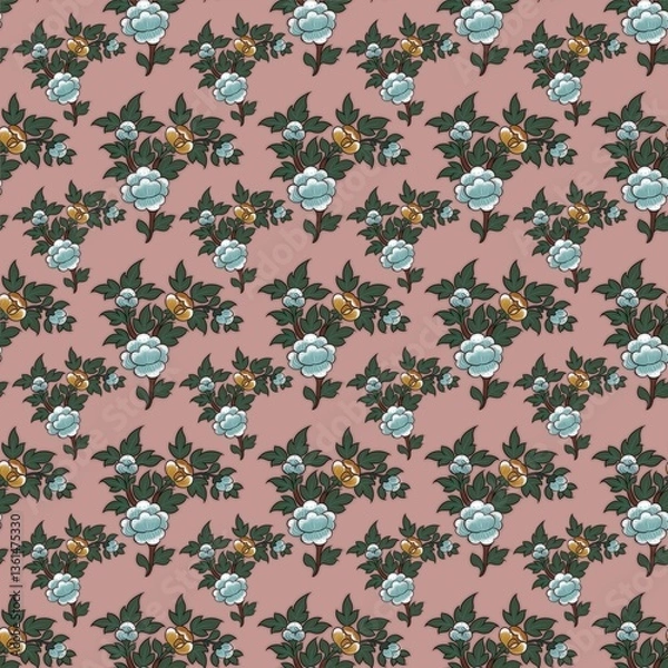 Fototapeta Floral pattern features repeating clusters of stylized flowers with teal petals and gold centers, surrounded by dark green leaves. 