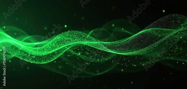 Obraz Abstract tech background with green neon glowing light lines on black backdrop. Futuristic design. Digital wave energy flowing, dynamic motion, artistic visual. Perfect for tech industry, web design,