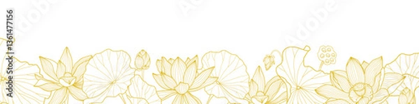 Fototapeta Golden Lotus line art banner, flowers, leaves and seeds. Vector in white background, Hand drawn illustrations. Elegant design, wedding invitation, greeting card, wall art.