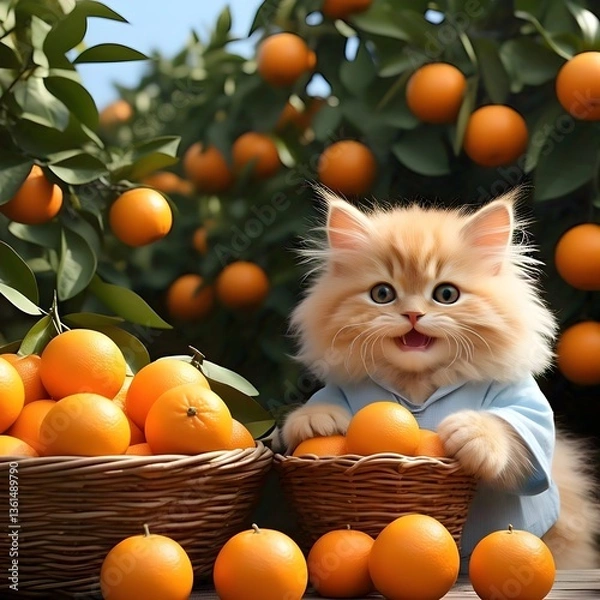 Obraz a cat is collecting oranges in an orange grove