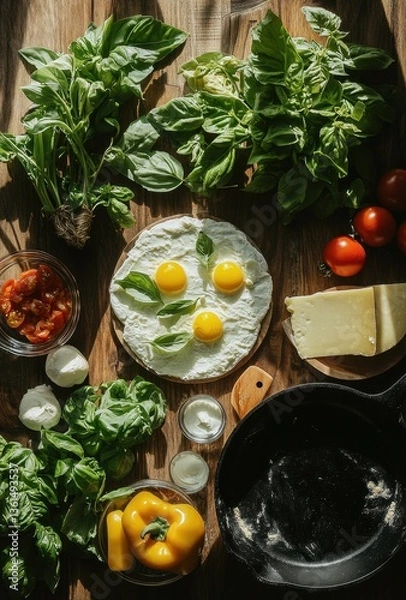 Fototapeta Fresh Ingredients for Homemade Italian Pizza Preparation with Herbs, Vegetables, and Cheese on Rustic Wooden Table