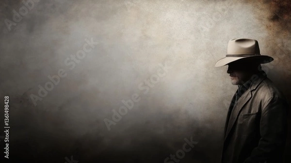 Obraz A man wearing a hat and coat with a calm expression, standing in profile against a blurred, atmospheric background, creating a dramatic and mysterious mood