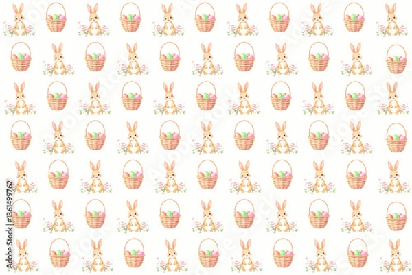 Fototapeta Easter vector pattern. Seamless pattern of Easter bunnies , Easter eggs and Easter egg basket . Easter inspired pattern.