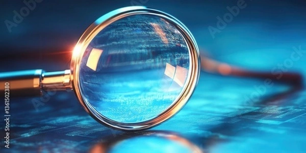 Fototapeta Close-up of a magnifying glass highlighting intricate details on a reflective surface, showcasing precision in examination and exploration.