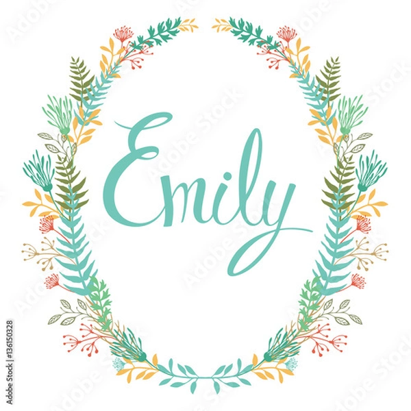 Fototapeta Frame of flowers and ferns with girl's name Emily
