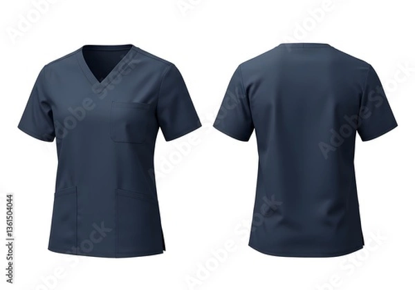 Fototapeta Navy Blue Nurse Scrubs Top Mockup on White Background – Realistic Fabric Folds and Creases