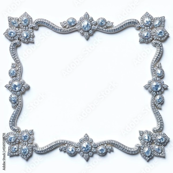 Fototapeta Elegant silver frame encrusted with diamonds, isolated on white. Intricate design, luxury aesthetics for classy events like invitations, premium product showcases. Glamorous border, event decor.