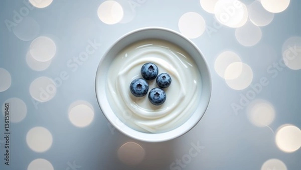 Fototapeta Creamy yogurt topped with fresh blueberries in a stylish bowl on a soft glowing background
