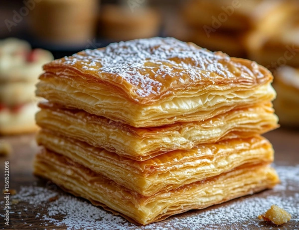 Fototapeta vA stack of flaky, golden puff pastry squares dusted with sugar on top and inside