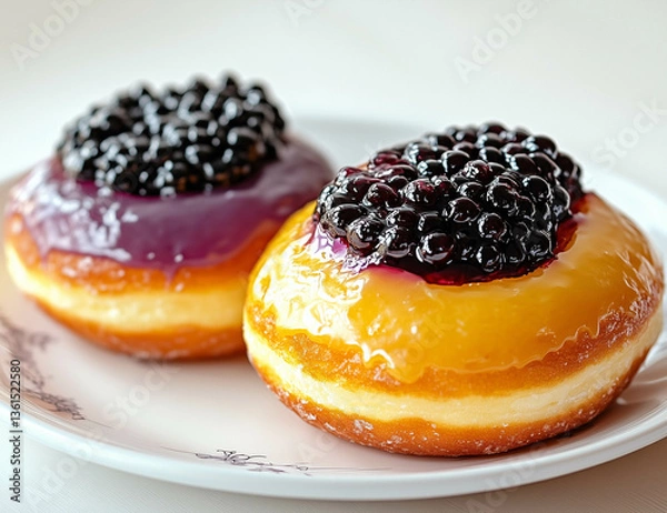 Fototapeta A photograph of two doughnuts, one with yellow glaze and the other with purple jelly on top