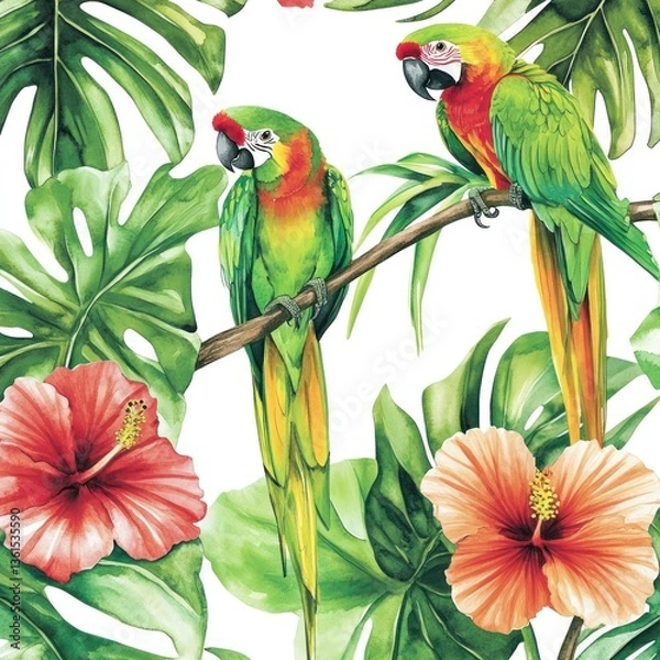 Obraz Vibrant Tropical Parrots and Flowers Illustration By Generated AI