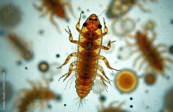 Fototapeta Microscopic view of soil microorganism. Photo shows microarthropod specimen with intricate details. Concept for biology research, soil science, farming, agriculture. Scientific study, lab,