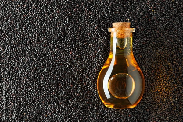 Fototapeta Glass bottle containing golden oil resting on bed of rape seeds, highlighting the rich color contrast and the natural origin