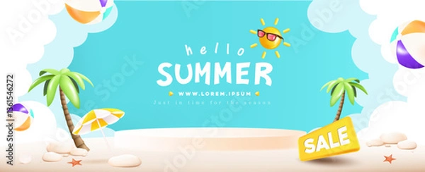 Fototapeta Summer web banner poster with podium and summer beach scene design background