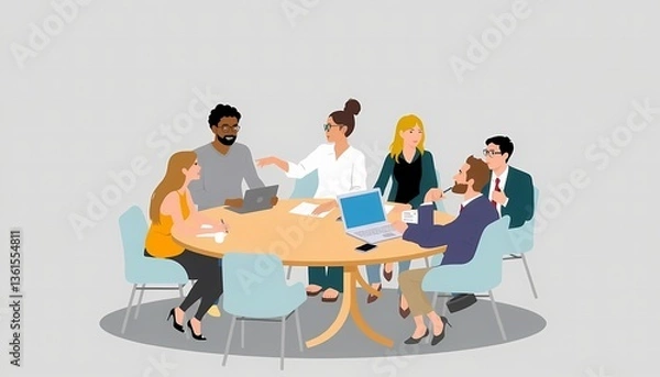 Fototapeta Animated diverse team collaborating in a round table meeting, exchanging ideas and fostering teamwork in a vibrant and professional setting.