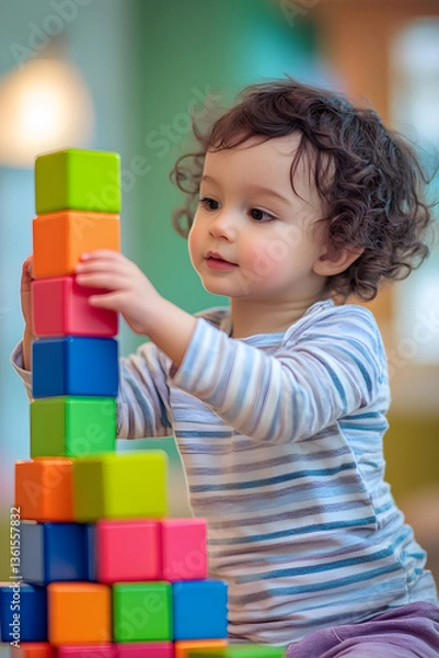 Fototapeta Child Stacking Blocks to Enhance Fine Motor Skills and Hand-Eye Coordination through Playful Activity