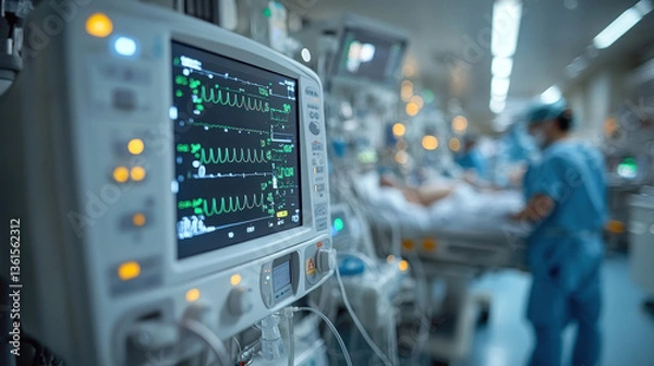 Fototapeta A critically ill patient in the ICU, connected to life-support machines, doctors monitoring his vitals