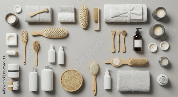 Fototapeta Spa essentials arranged in a neutral aesthetic.