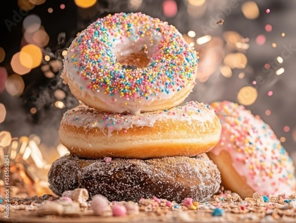 Fototapeta Glazed doughnuts with vibrant icing and colorful sprinkles