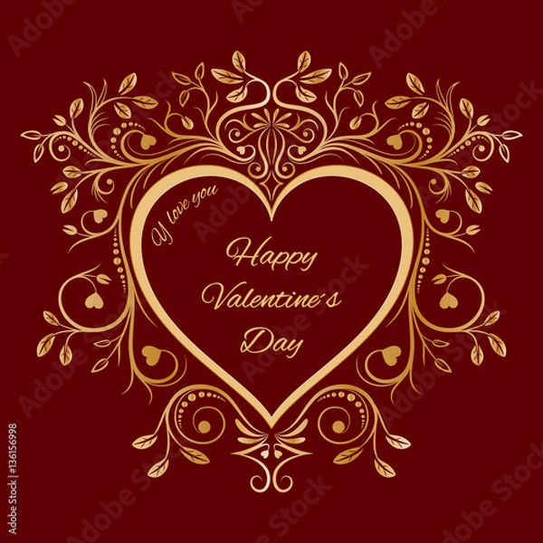 Obraz Gold Valentine heart. Vintage luxury elegant calligraphic design elements. Wedding symbol. Vector illustration.