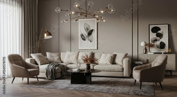 Fototapeta Modern living room with beige sectional sofa.