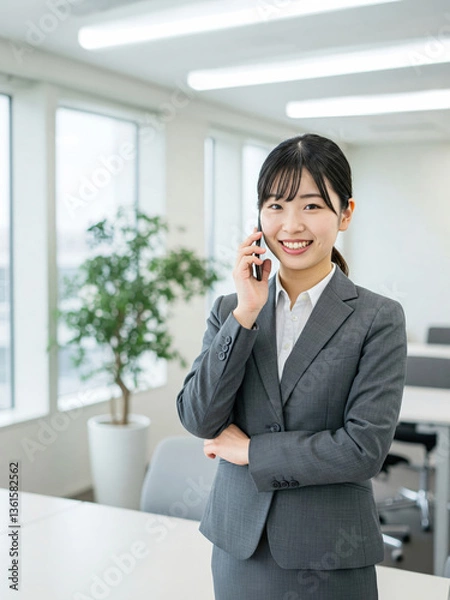 Obraz Confident Businesswoman in Gray Suit Handling Phone Call in Office