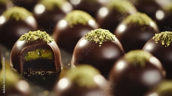 Fototapeta Gourmet close-up view of decadent chocolate dessert with smooth pistachio filling