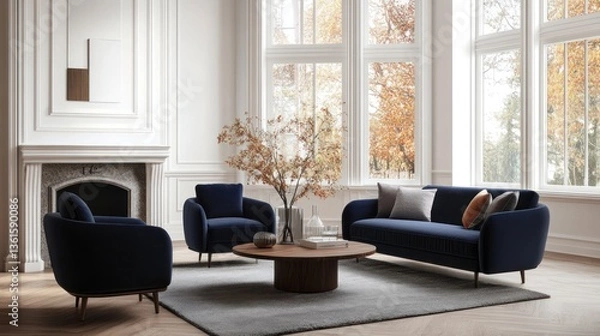 Fototapeta Elegant living room with autumn view, modern furniture, cozy atmosphere, for interior design