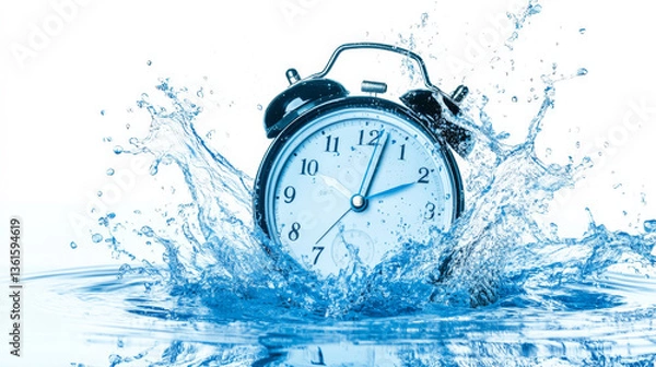 Fototapeta Vintage alarm clock splashing into water, dynamic scene