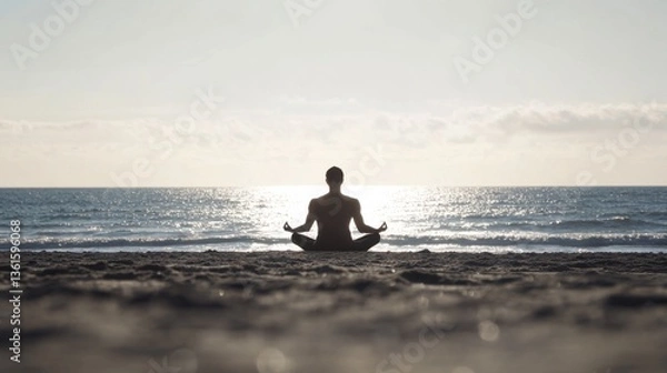 Obraz Life expectancy and well-being shown in a person meditating on the beach. Featuring calm and mindfulness
