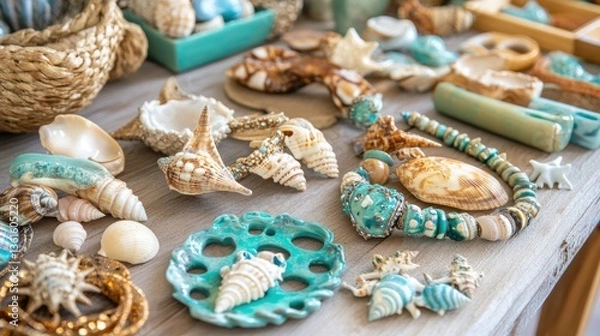 Obraz Seashell Crafts and Jewelry on Wooden Table