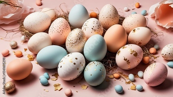 Obraz "Colorful Easter Eggs: A Festive Flat Lay Arrangement"