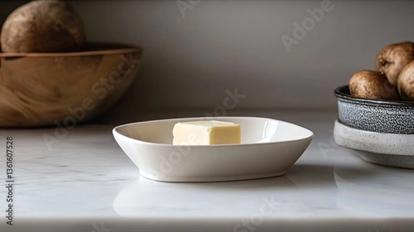Fototapeta A minimalist setup of a single ceramic butter dish styled on a marble countertop. background